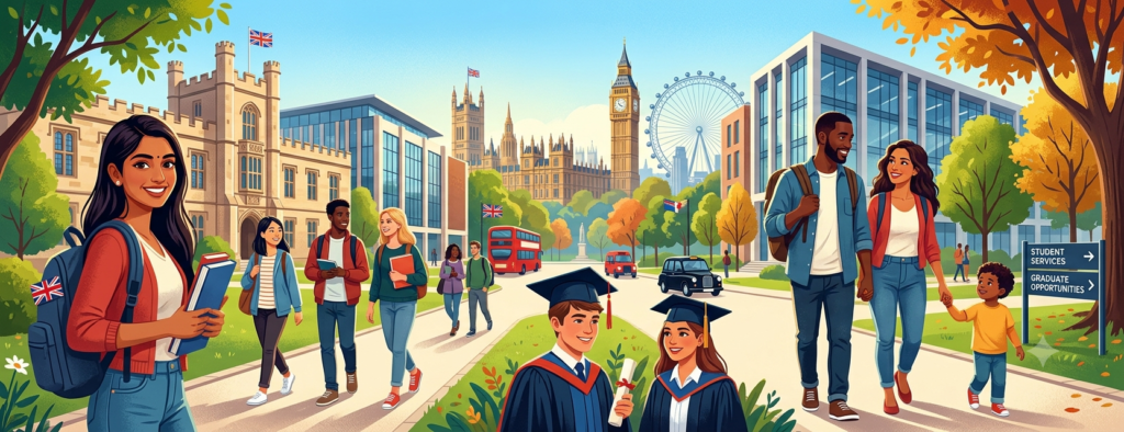 A vibrant, wide-angle 2D vector illustration of a bustling UK university campus filled with diverse international students. In the background, iconic British landmarks like Big Ben, the London Eye, and traditional collegiate architecture blend seamlessly into a modern campus setting. The scene features students walking, graduates celebrating with diplomas, and a young family walking together under a bright, sunny sky.