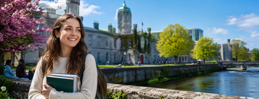University of Galway campus view with student enjoying peaceful riverside environment in Ireland