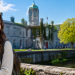 University of Galway campus view with student enjoying peaceful riverside environment in Ireland