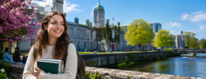 University of Galway campus view with student enjoying peaceful riverside environment in Ireland