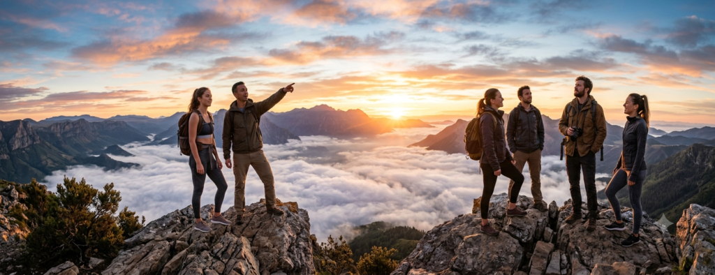 A panoramic shot of six hikers standing on a rocky mountain ridge above a sea of clouds at sunrise, with one person pointing toward the horizon.