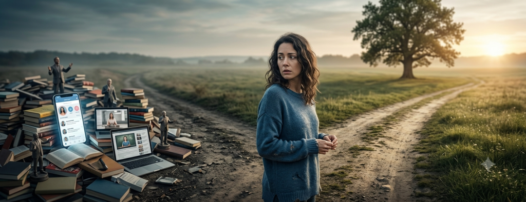 An ultra-wide panoramic conceptual image (1920x739) of a woman standing at a literal crossroads in a rural landscape, looking back with a worried and exhausted expression. To her left, the ground is cluttered with an overwhelming pile of self-help books, glowing smartphones displaying social media feeds, laptops streaming online courses, and tiny figurines of motivational speakers. To her right, a peaceful, open dirt road leads toward a large, solitary oak tree basking in the warm light of a gentle sunrise, representing self-acceptance and peace.