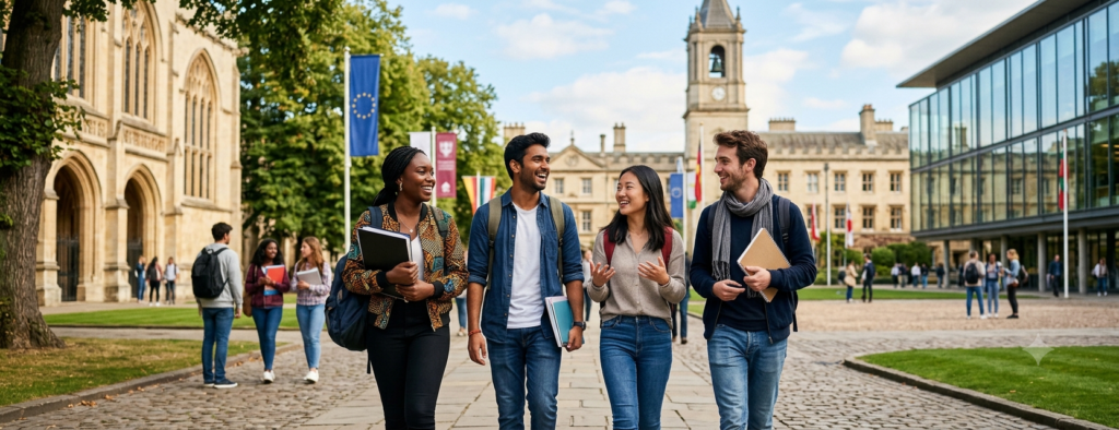 Students celebrating graduation at a European university through the Erasmus Mundus Scholarship 2026–2027 program.