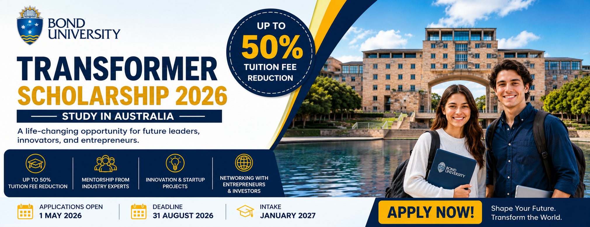 Bond University Transformer Scholarship 2026 in Australia offering a 50% tuition fee reduction for international and domestic students.