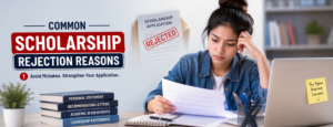 Student reviewing a scholarship application after receiving a rejection, planning improvements for the next submission.