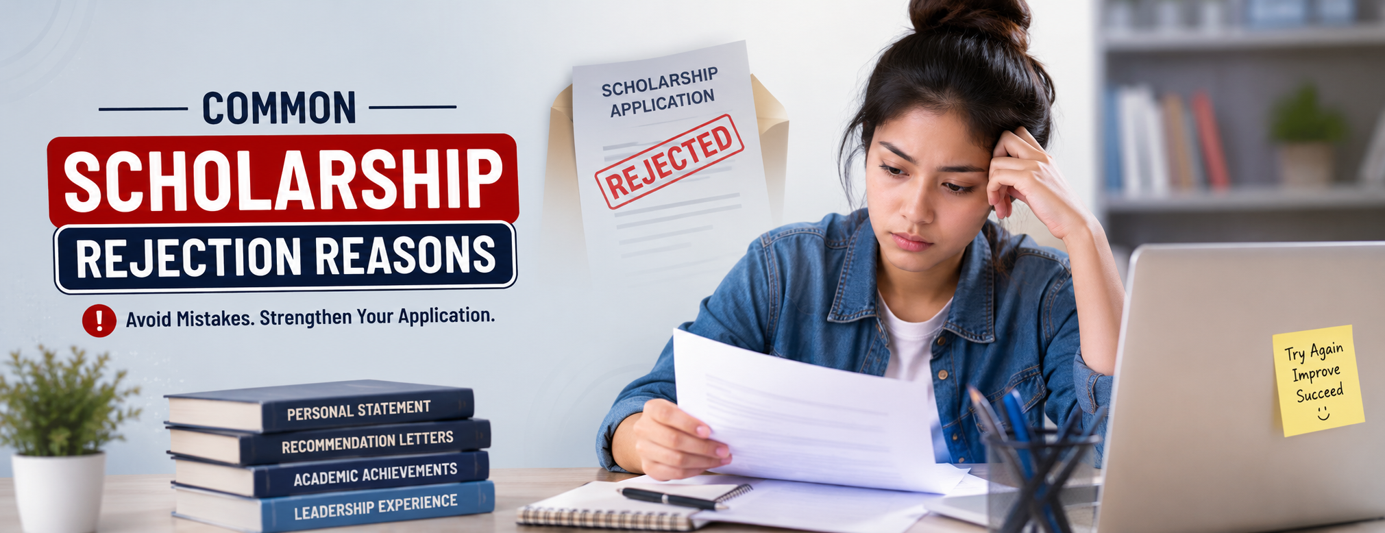 Student reviewing a scholarship application after receiving a rejection, planning improvements for the next submission.