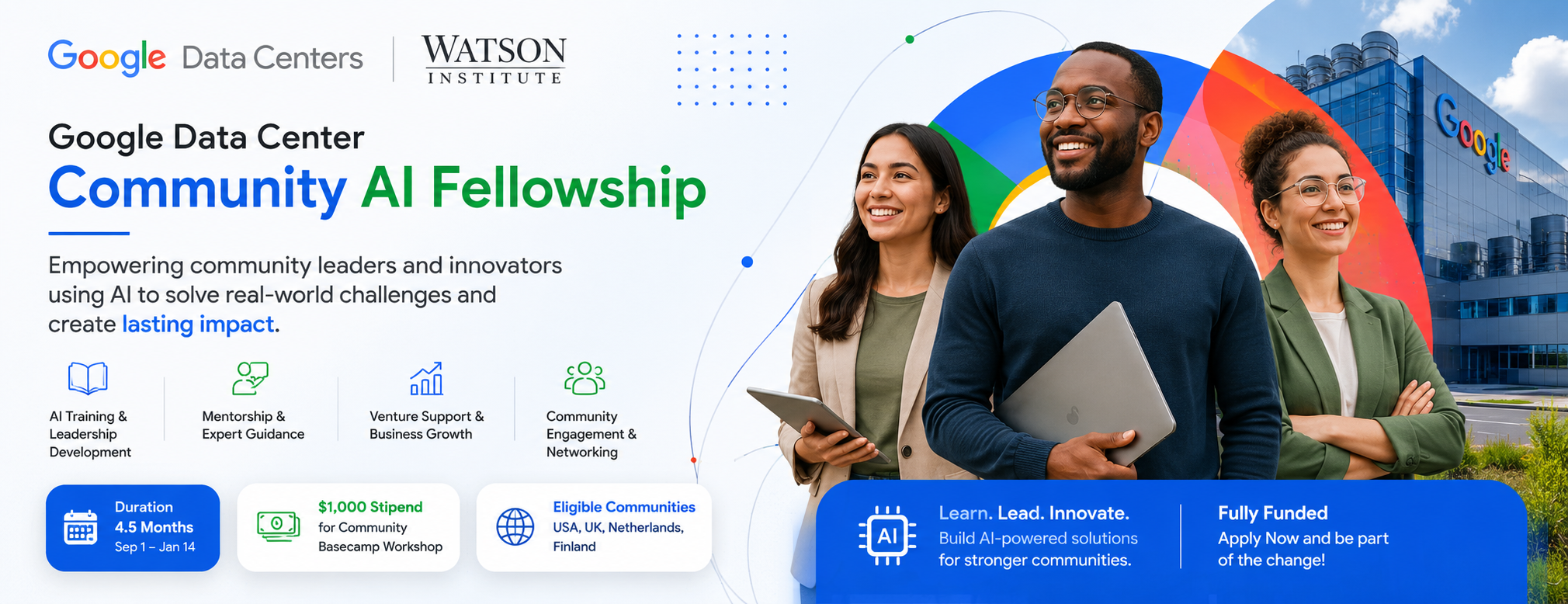 Google Data Center Community AI Fellowship 2026 for entrepreneurs, nonprofit leaders, and community innovators using AI to solve real-world challenges.
