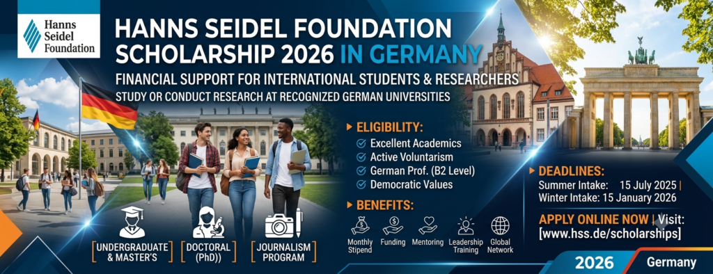 Hanns Seidel Foundation Scholarship 2026 in Germany for international students pursuing undergraduate, master's, and PhD degrees.