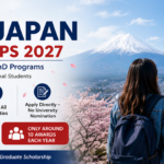 Honjo Japan Scholarships 2027 banner featuring Mount Fuji, a traditional Japanese pagoda, and an international student promoting Master's and PhD scholarships in Japan.