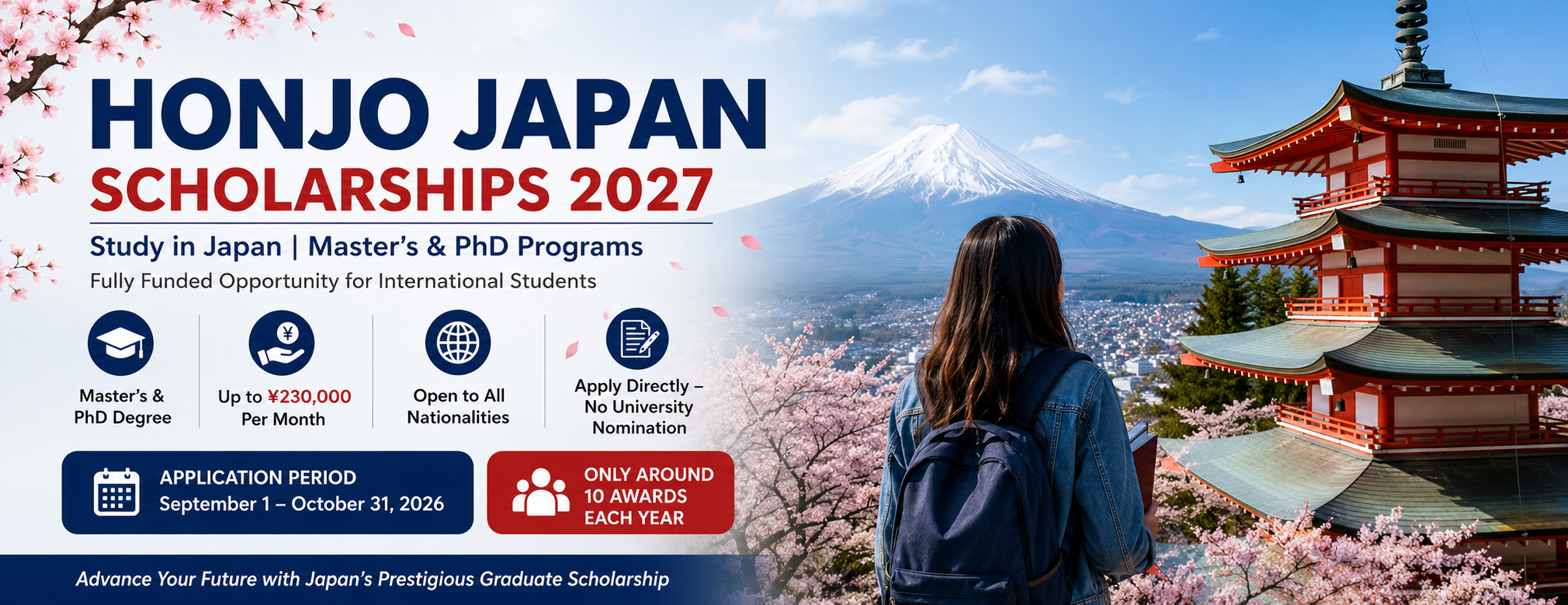 Honjo Japan Scholarships 2027 banner featuring Mount Fuji, a traditional Japanese pagoda, and an international student promoting Master's and PhD scholarships in Japan.
