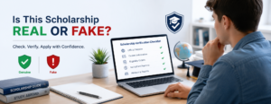 Student verifying a scholarship on an official university website to avoid fake scholarship scams