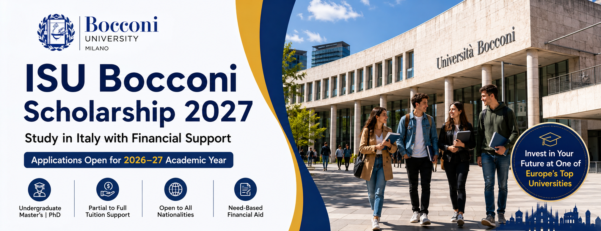 Students walking across the Bocconi University campus in Italy for the ISU Bocconi Scholarship 2027.
