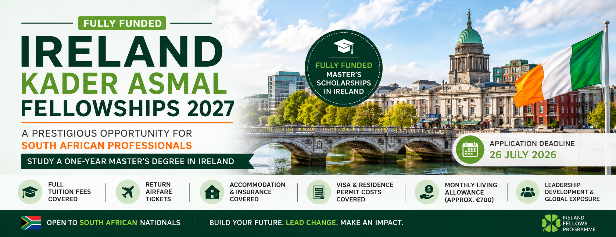 Ireland Kader Asmal Fellowships 2027 fully funded master's scholarship in Ireland for South African professionals.