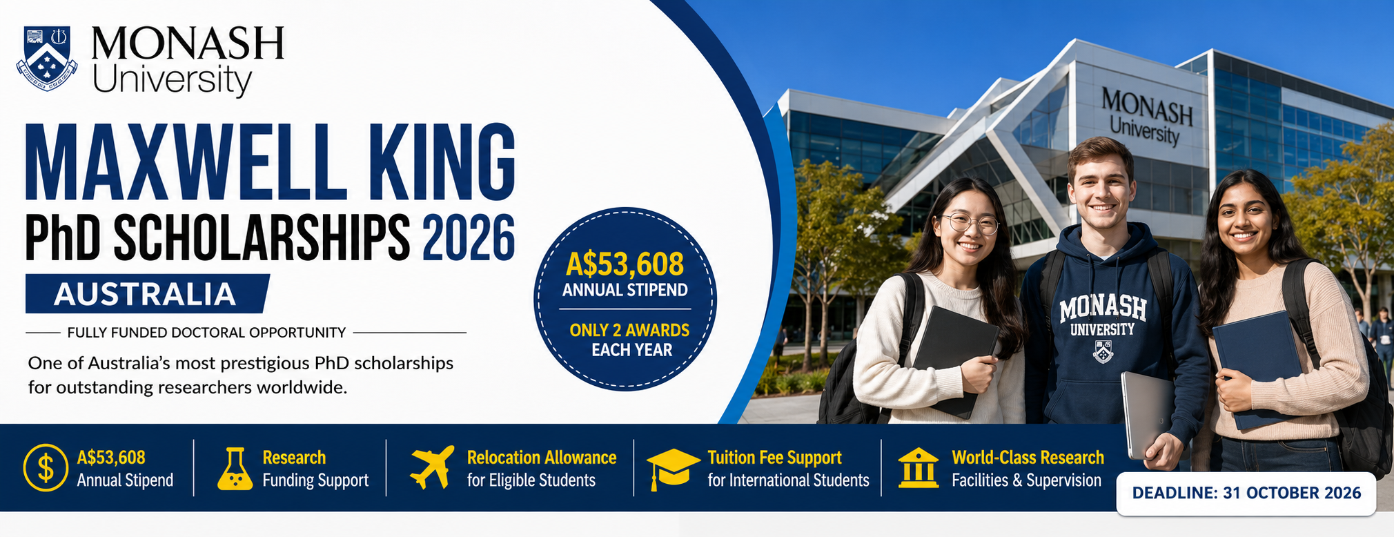 Monash University Maxwell King PhD Scholarships 2026 in Australia for international students