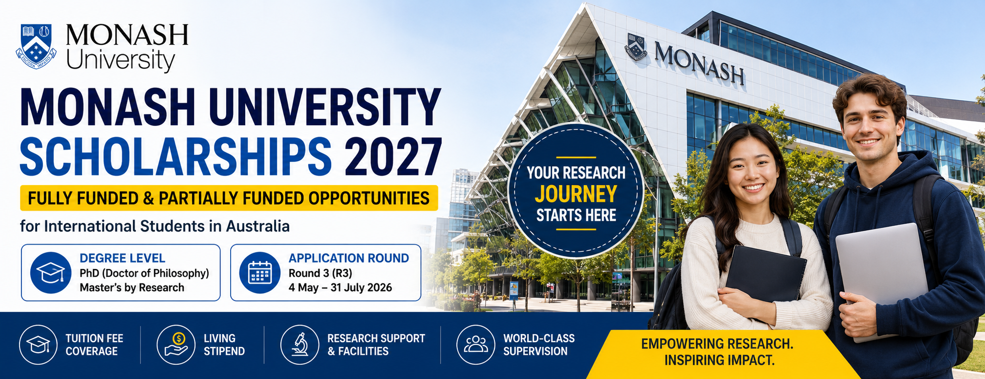 Monash University Scholarships 2027 for international students pursuing PhD and Master's by Research programs in Australia.
