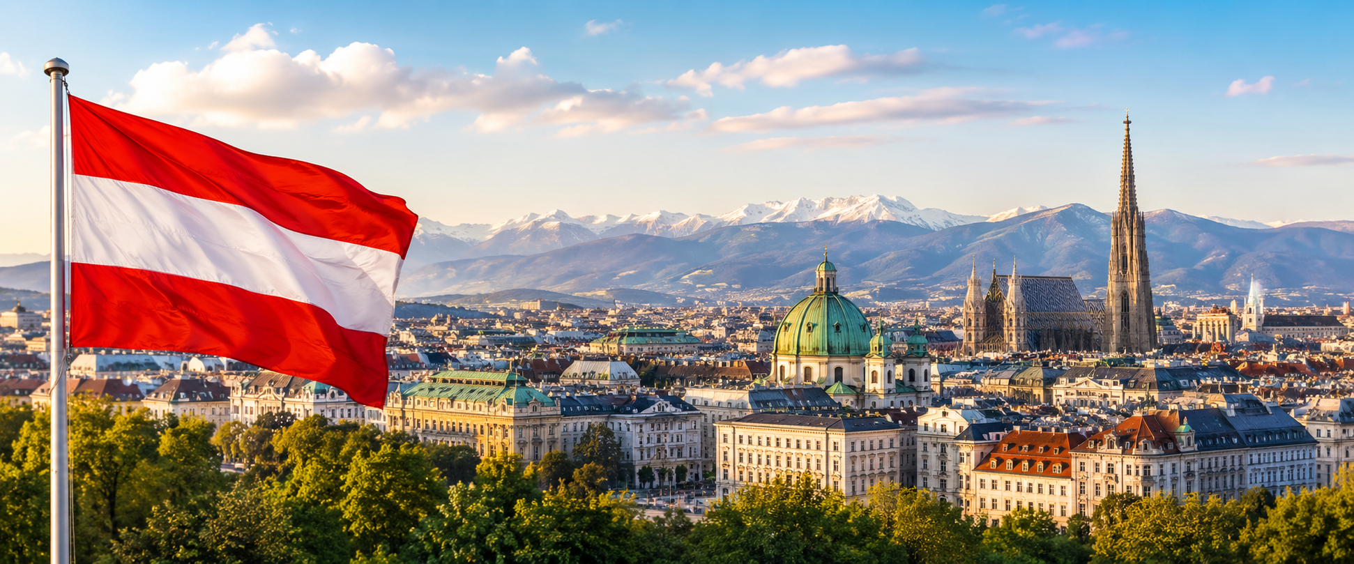 Panoramic view of Vienna, Austria, featuring the Austrian flag, historic architecture, and the Alps, representing study opportunities for international students.
