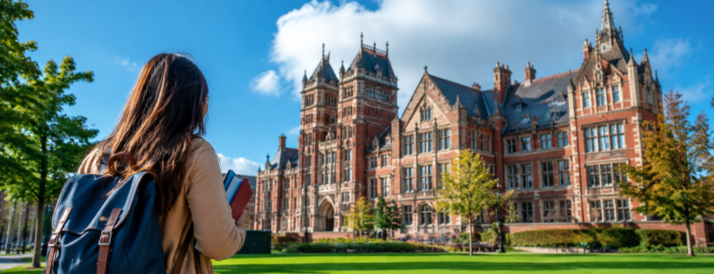 University campus in the United Kingdom with an international student walking toward a historic academic building.
