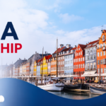 Bevica Scholarship Programme 2027–2028 in Denmark featuring the Danish flag, Copenhagen waterfront, and graduation cap.