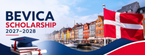 Bevica Scholarship Programme 2027–2028 in Denmark featuring the Danish flag, Copenhagen waterfront, and graduation cap.