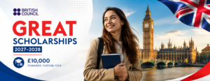 British Council GREAT Scholarships 2027–2028 for international students studying master's degrees at UK universities.